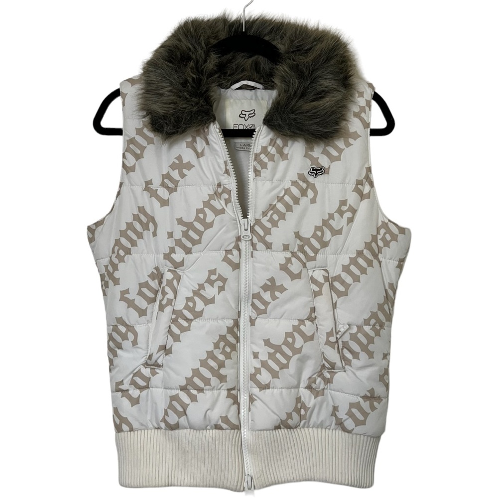 Fox Racing Women’s Puffer Vest White Faux Fur Lined Collar Size Juniors Large.